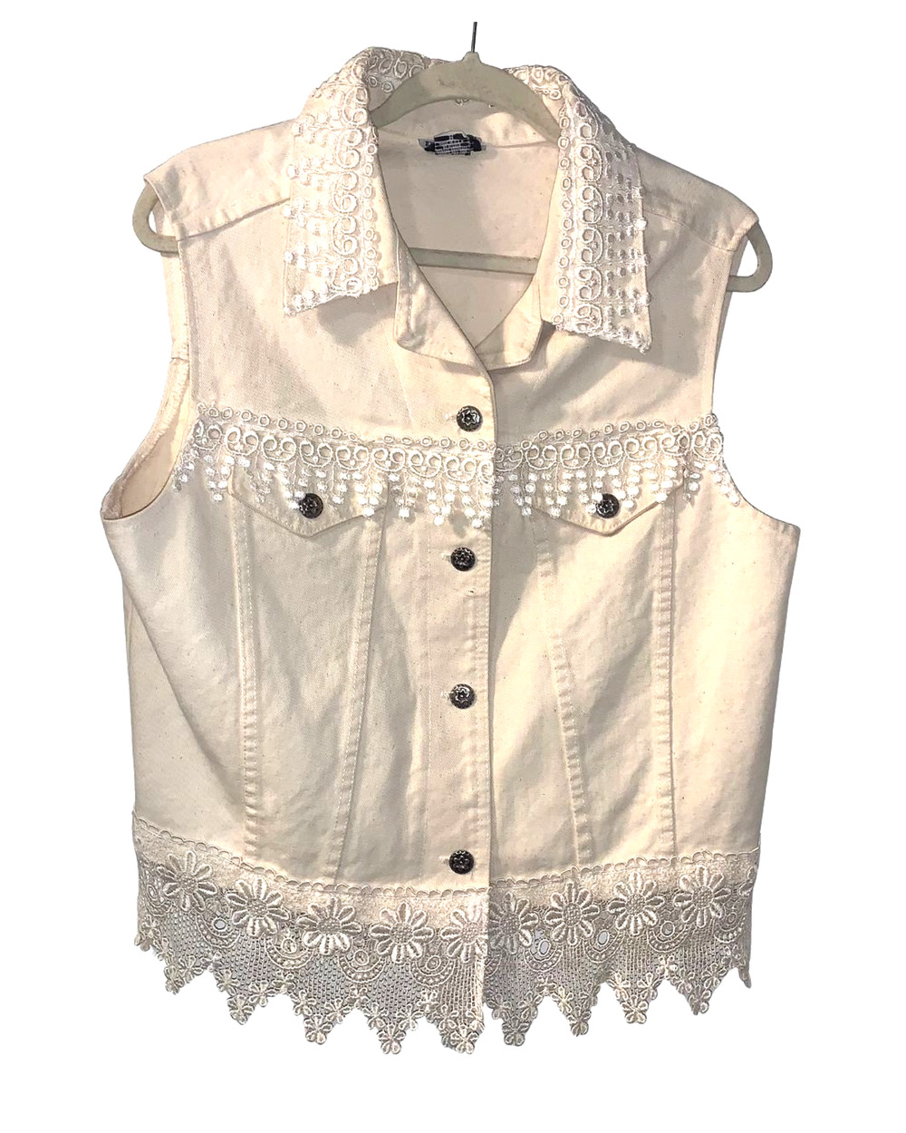 Vintage Peaces USA Womens Cottagecore Crochet Trimmed Vest Size M Ivory Festival